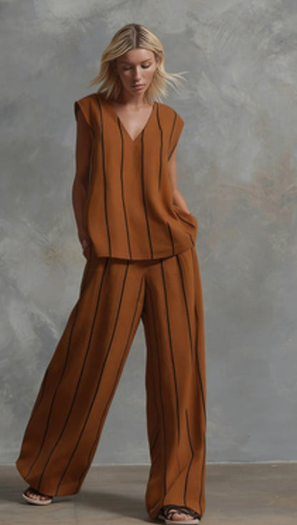 Women’s Sleeveless Striped Top and Full-Length Pants Set FitiqueFit