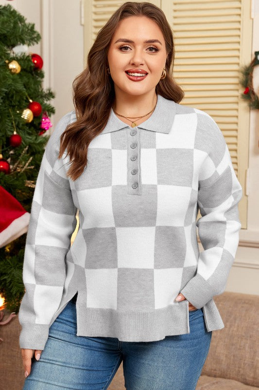 Plus Size Checker Buttoned Polo Collar Sweater Shop Style & More | Fresh Looks, Everyday Deals & Free Shipping