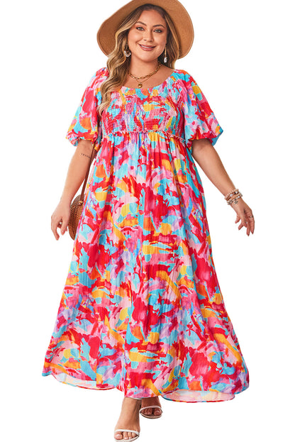 Rose Abstract Printed Puff Sleeve Square Neck Smocked Bust Tied Back Plus Size Dress Garden Naked Curves