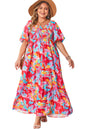 Rose Abstract Printed Puff Sleeve Square Neck Smocked Bust Tied Back Plus Size Dress Garden Naked Curves