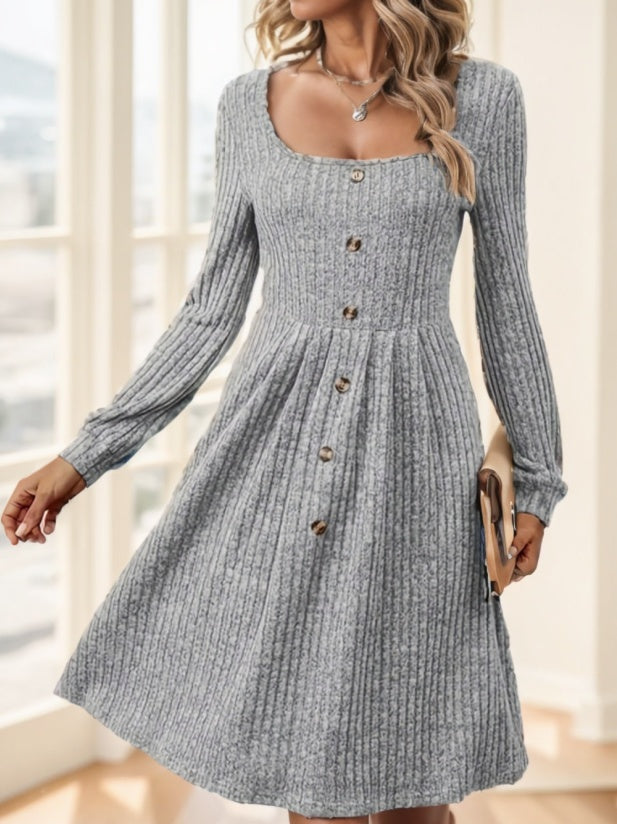 Elegant Long Sleeve Ribbed Knit Dress With Button Details Grayceful LLC