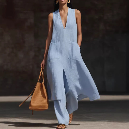Women's V-Neck Sleeveless Linen Dress Set – Casual Chic FitiqueFit