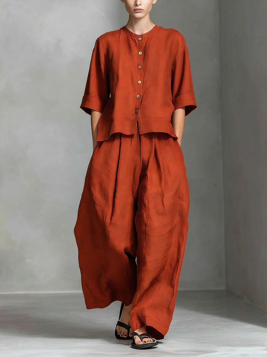 Three-Quarter Sleeve Shirt & Loose Trousers Two-Piece Set FitiqueFit