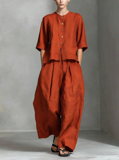 Three-Quarter Sleeve Shirt & Loose Trousers Two-Piece Set FitiqueFit