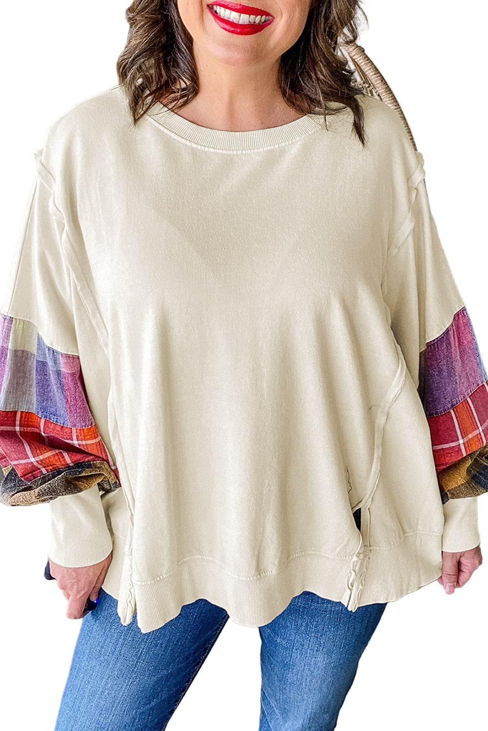 Beige Plus Size Plaid Patchwork Sleeve Pullover Top Garden Naked Curves