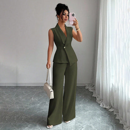 Women's Sleeveless Blazer & Straight-Leg Pants Two-Piece Set FitiqueFit