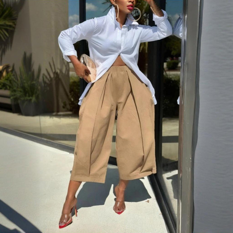 Women's Solid Color Cotton Wide Leg Cropped Pant FitiqueFit