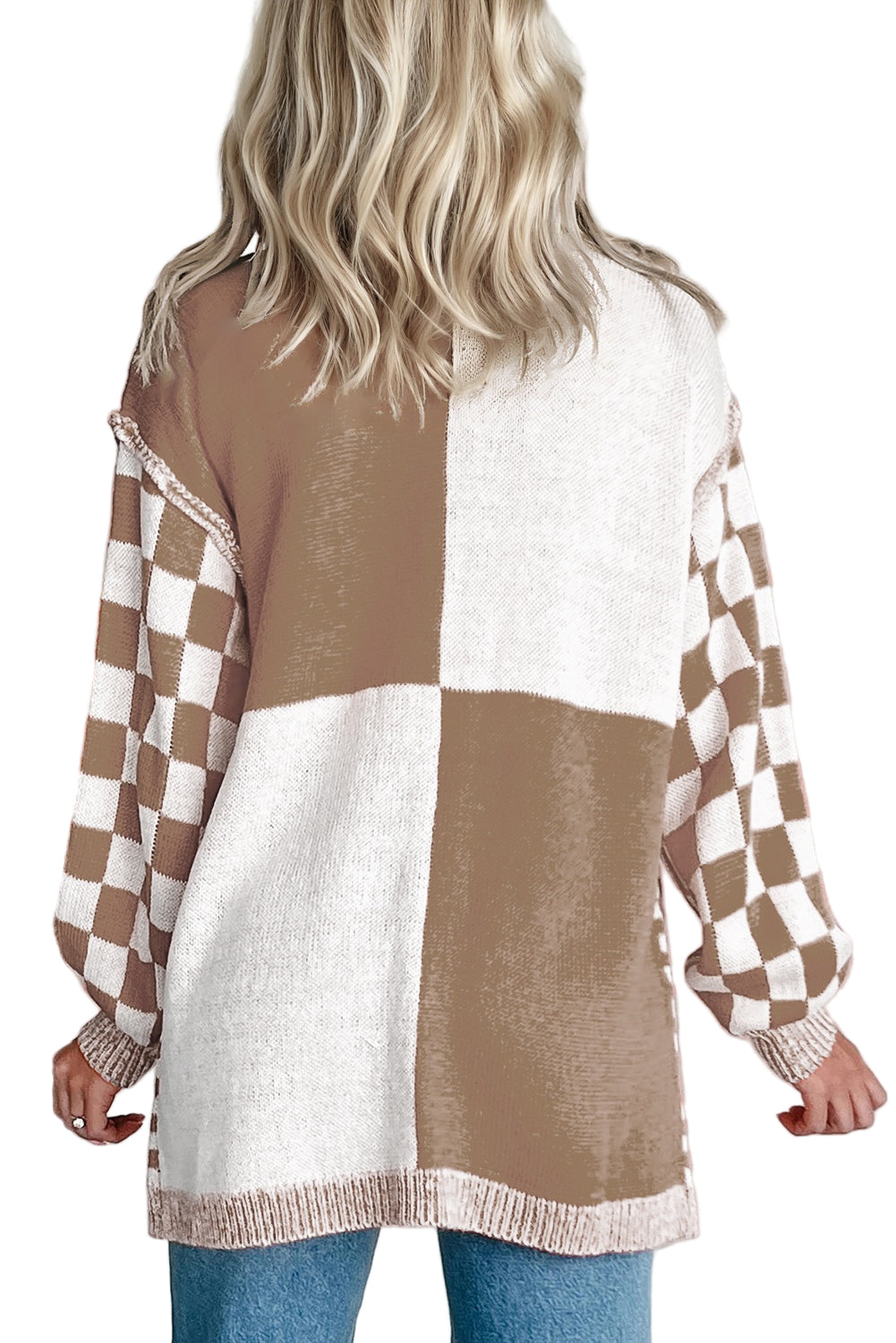 Orange Plus Size Checkered Bubble Sleeve Drop Shoulder Open Cardigan Garden Naked Curves