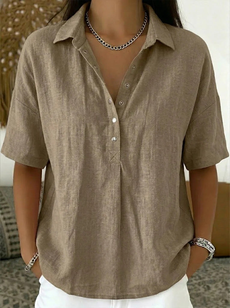 Short Sleeve Button Pullover Shirt – Solid Color Women’s Top FitiqueFit
