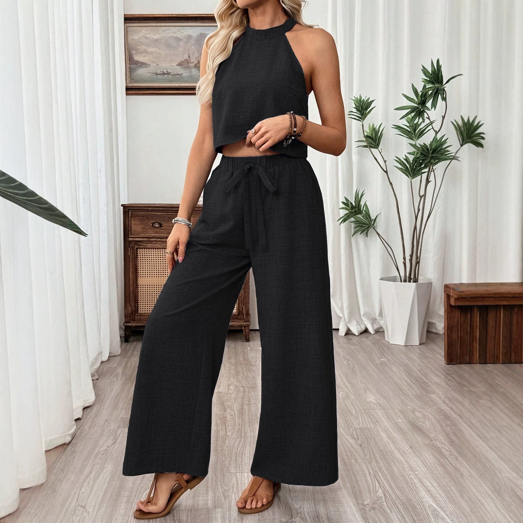 Women's Halter Neck Cropped Top & Wide-Leg Pants Two-Piece Set FitiqueFit
