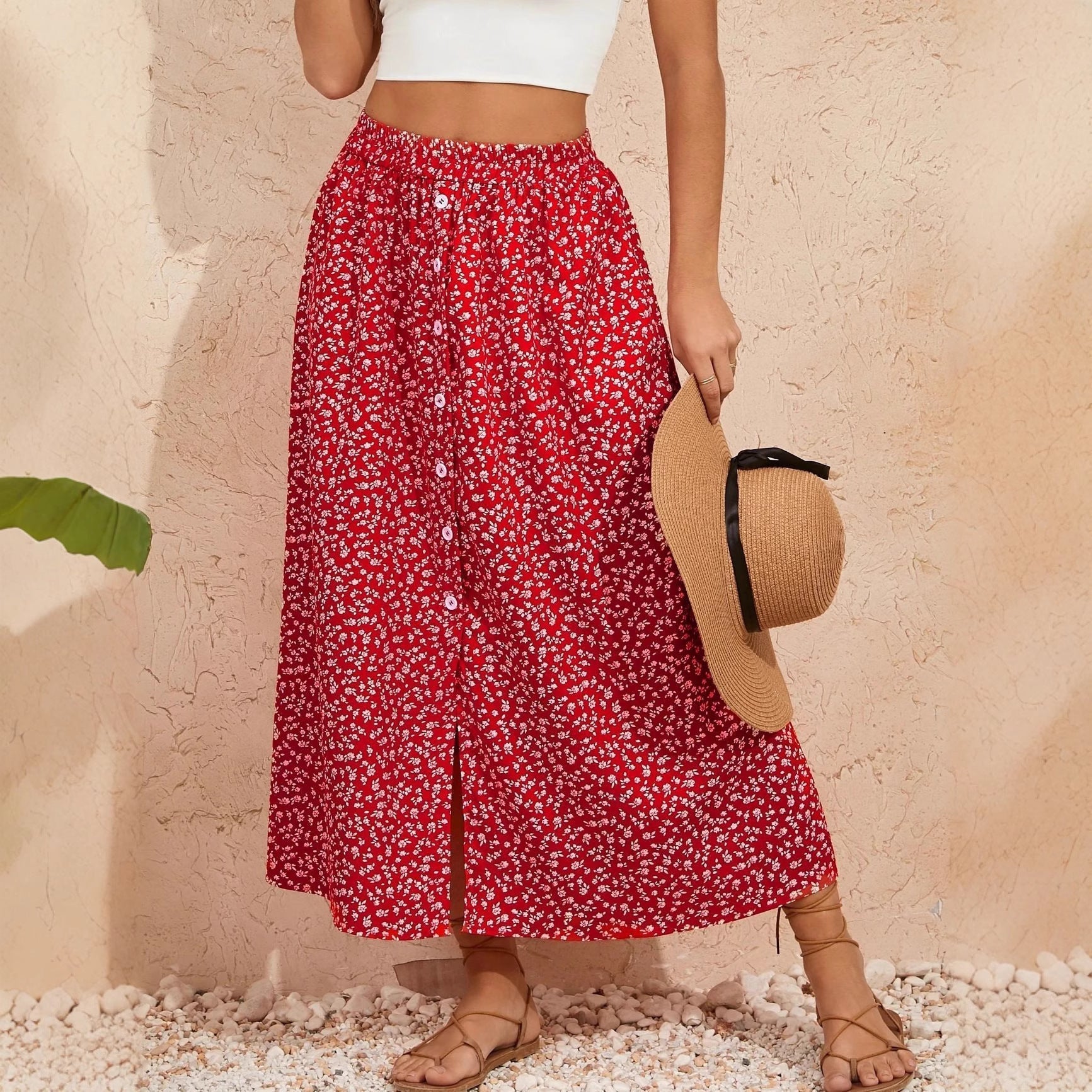 European And American Printed Breasted Self-tie Summer Pastoral A- Line Skirt Advanced Skirt Grayceful LLC