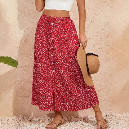 European And American Printed Breasted Self-tie Summer Pastoral A- Line Skirt Advanced Skirt Grayceful LLC