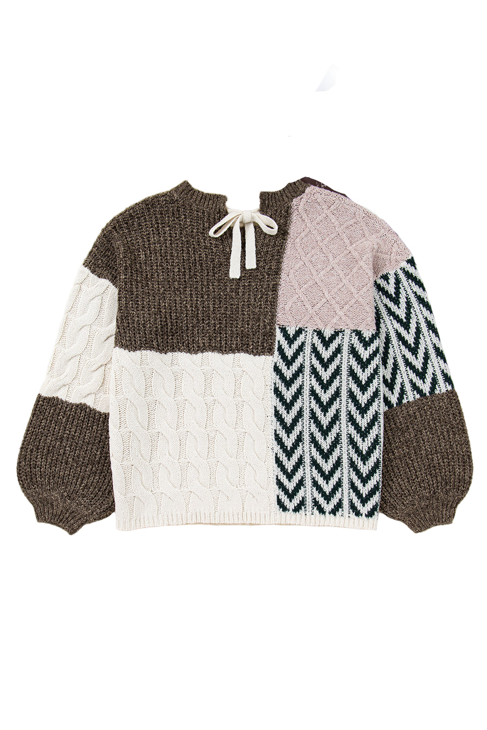 Brown Plus Size Color Block Patchwork Knotted Back Loose Fit Sweater Garden Naked Curves