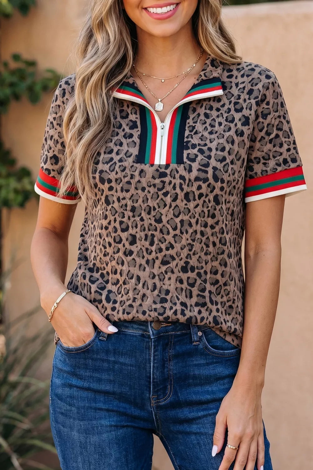 Leopard Jacquard Striped Patchwork Half Zip Short Sleeve Blouse New Era Fashion LLc