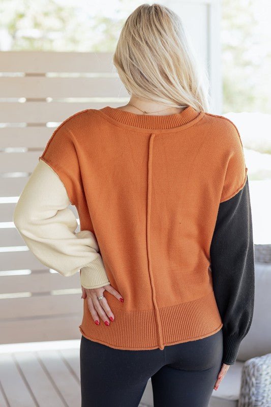 Colorblock Raw Edge Bubble Sleeve V-Neck Sweater Shop Style & More | Fresh Looks, Everyday Deals & Free Shipping