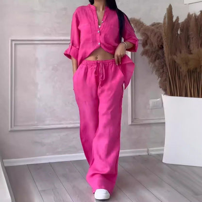 Wide-Leg Pants & Lace-Up Top Two-Piece Set – Solid Color, 12 Colors S–5XL FitiqueFit