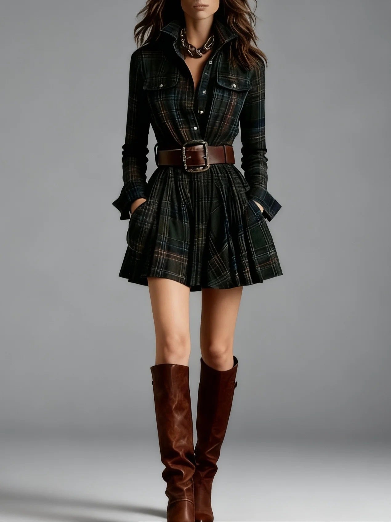 Women's Plaid Collared Sleeveless Fitted Waist Dress FitiqueFit