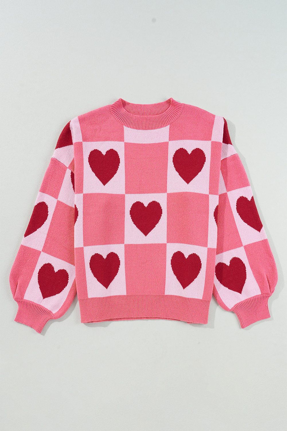 Pink Plus Size Love Heart Block Mock Neck Lantern Sleeve Valentine Sweater Garden Naked Curves