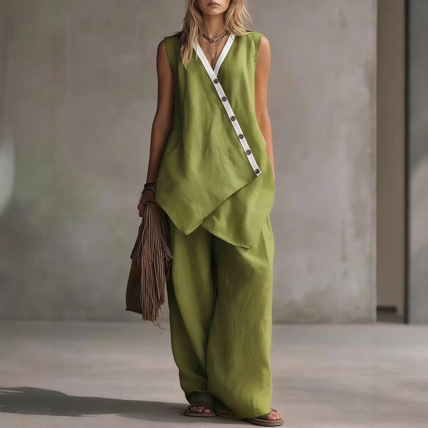 Women's Boho V-Neck Button Vest & Wide-Leg Pants Set FitiqueFit