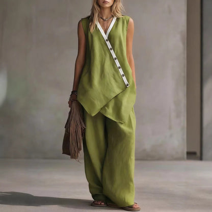 Women's Boho V-Neck Button Vest & Wide-Leg Pants Set FitiqueFit