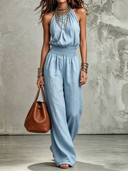 Women's Sleeveless Backless Lace-Up Halter Wide-Leg Jumpsuit FitiqueFit