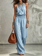 Women's Sleeveless Backless Lace-Up Halter Wide-Leg Jumpsuit FitiqueFit