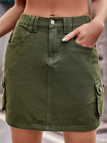Denim Mini Skirt with Pockets See size chart under “more details” The Fashion Celestial