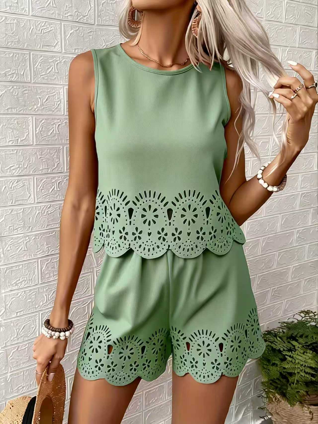 Women's Elegant Hollow-Out Floral Top & Pants Set – 2-Piece FitiqueFit