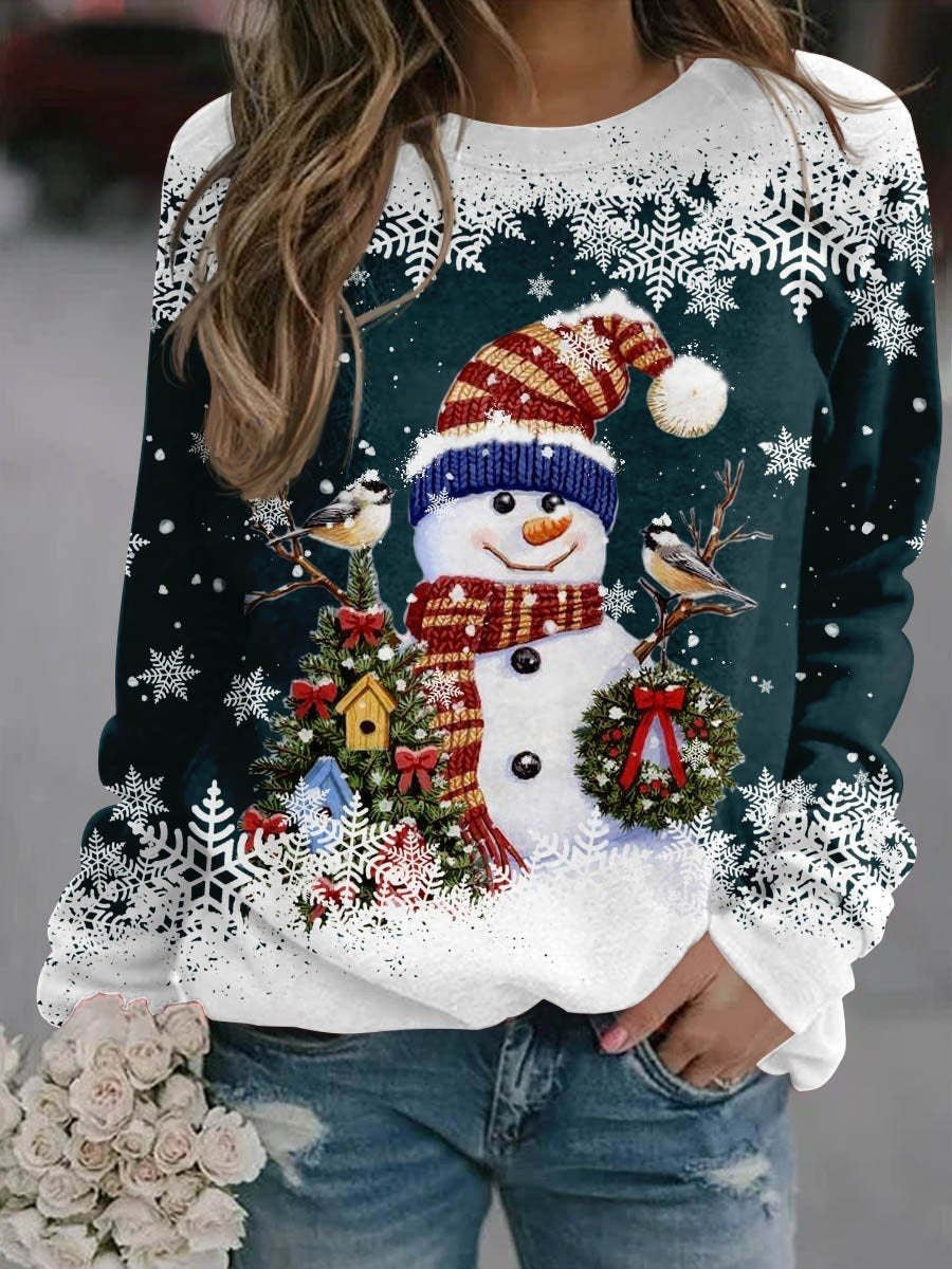 Snowman Printed Panel Loose Sweater – Casual Holiday Knit for Women FitiqueFit