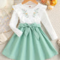 Girls' Elegant Floral Print Long Sleeve Dress with Ruffled Hem & Waist Tie - Knee-Length A-Line Skirt, Round Neck, Non-Stretch Fabric, All-Season Casual to Formal Outfits NovaCart