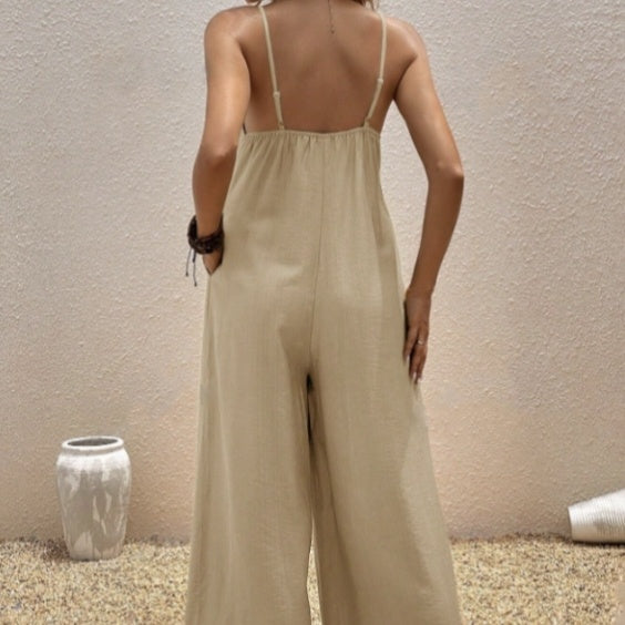 Women’s Casual Suspender Jumpsuit – V-Neck Solid Color Sleeveless One-Piece FitiqueFit