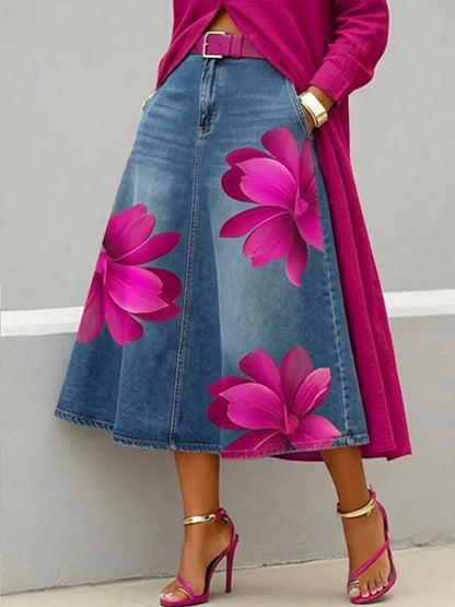 Women's Floral Print A-Line Midi Skirt – Denim-Style Boho Skirt FitiqueFit