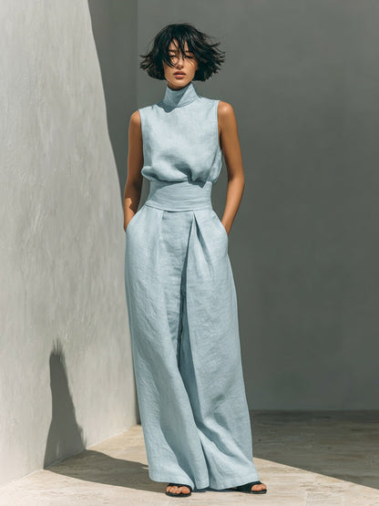Women’s Cotton Linen Two-Piece Set – Sleeveless Top & Wide-Leg Pants FitiqueFit