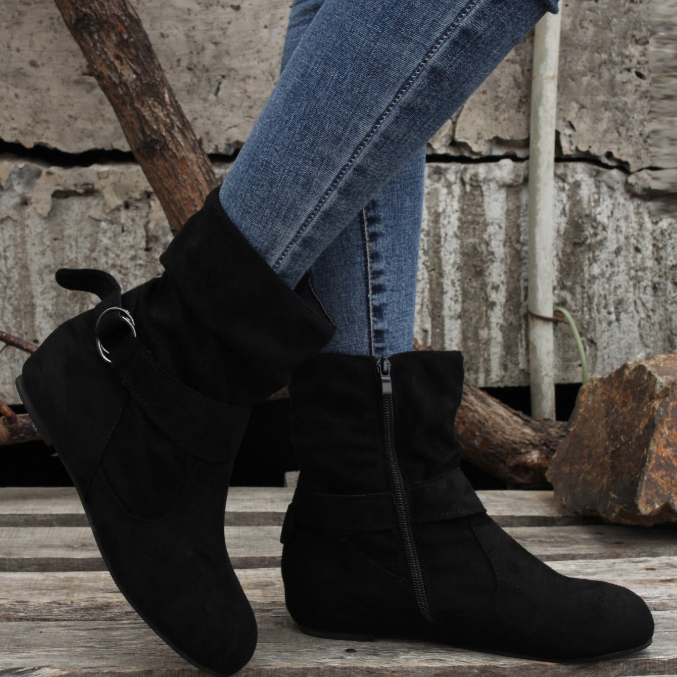 1.18inch Inner Height Increase Women's Short Boots with Flat Sole, Buckle Closure, Comfortable, Warm, and Lightweight, Women Shoes NovaCart