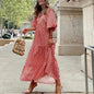 Women's Boho Floral Maxi Dress with Drawstring V Neck
