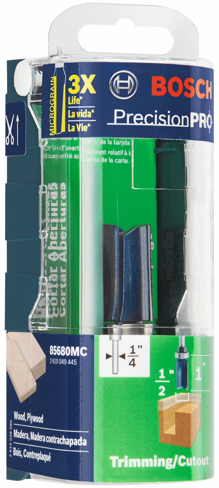 BOSCH 85680MC 1/2 In. x 1 In. Carbide-Tipped Double-Flute Top-Bearing Straight Trim Router Bit VM Hardware