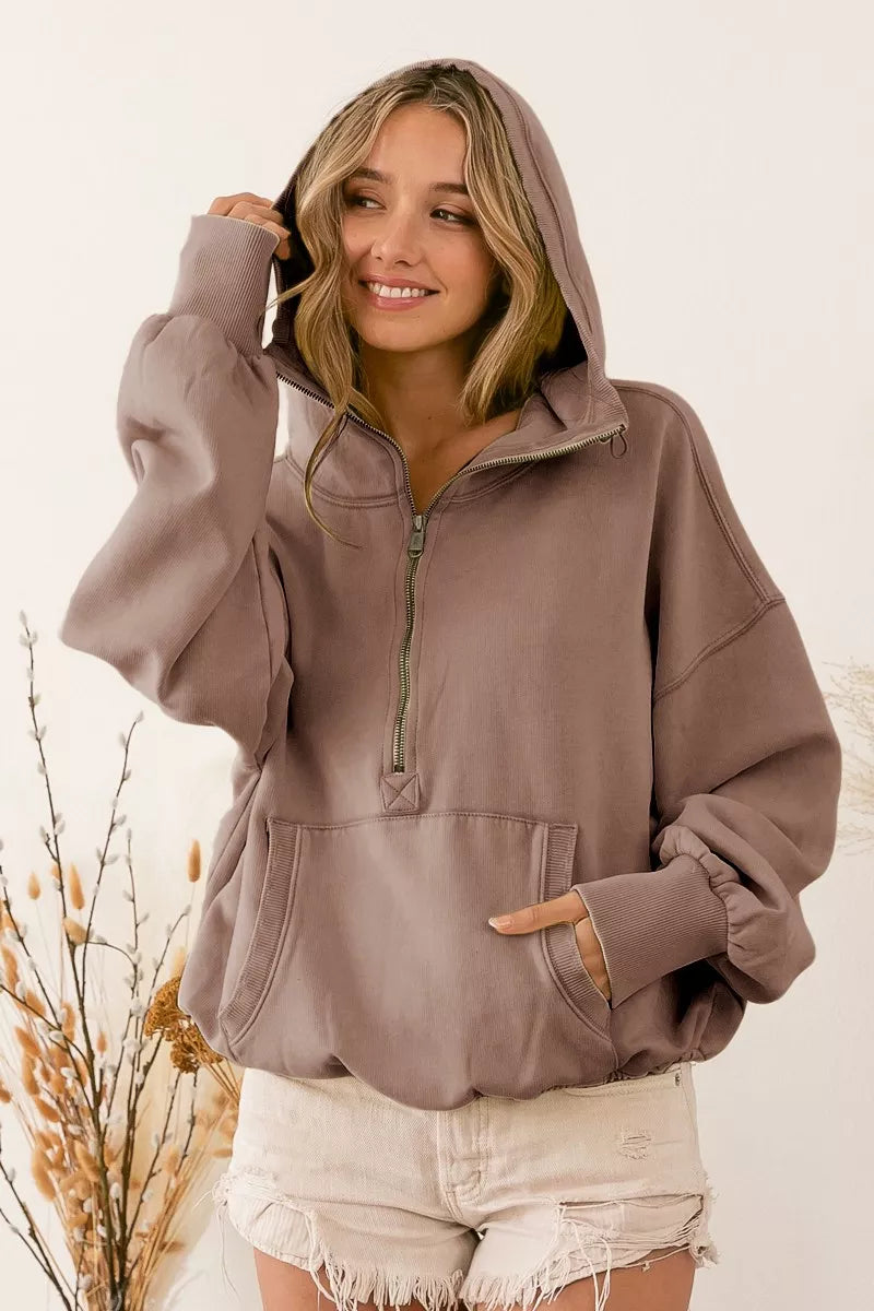 BiBi Stitch Detailed Elastic Hem Half Zip Fleece Hoodie FitiqueFit