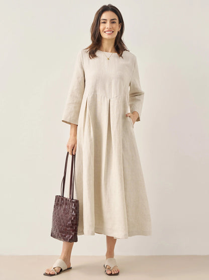 100% Linen Bateau Neck Pleated Maxi Dress ABIGAIL LINTICO
