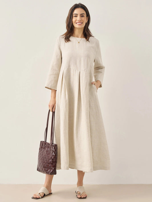 100% Linen Bateau Neck Pleated Maxi Dress ABIGAIL LINTICO