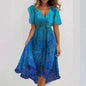 Floral Print A-Line Dress – V-Neck Short Sleeve Midi Dress FitiqueFit