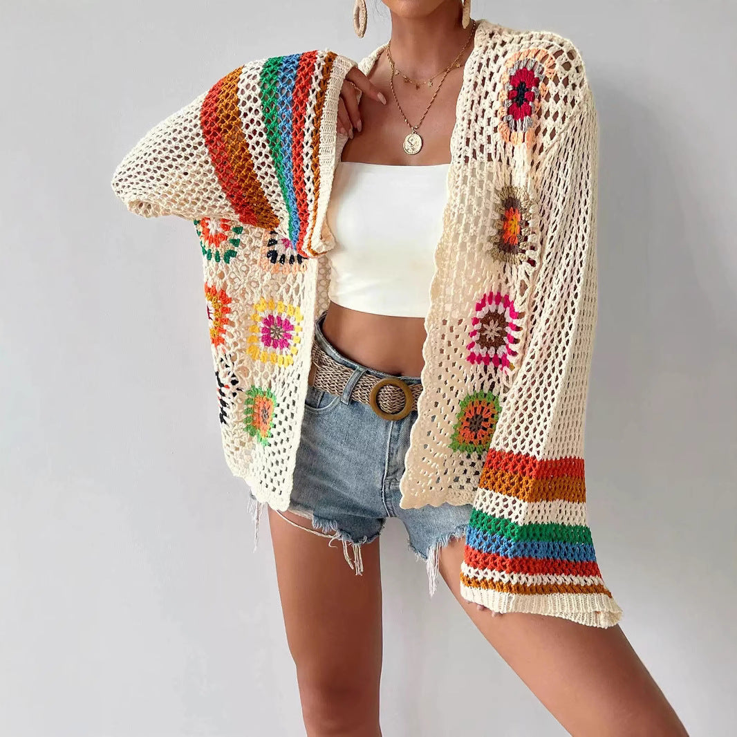 Hand-Crocheted Floral Cardigan Sweater | Boho Open Front Knit Top FitiqueFit