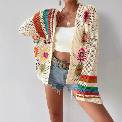 Hand-Crocheted Floral Cardigan Sweater | Boho Open Front Knit Top FitiqueFit