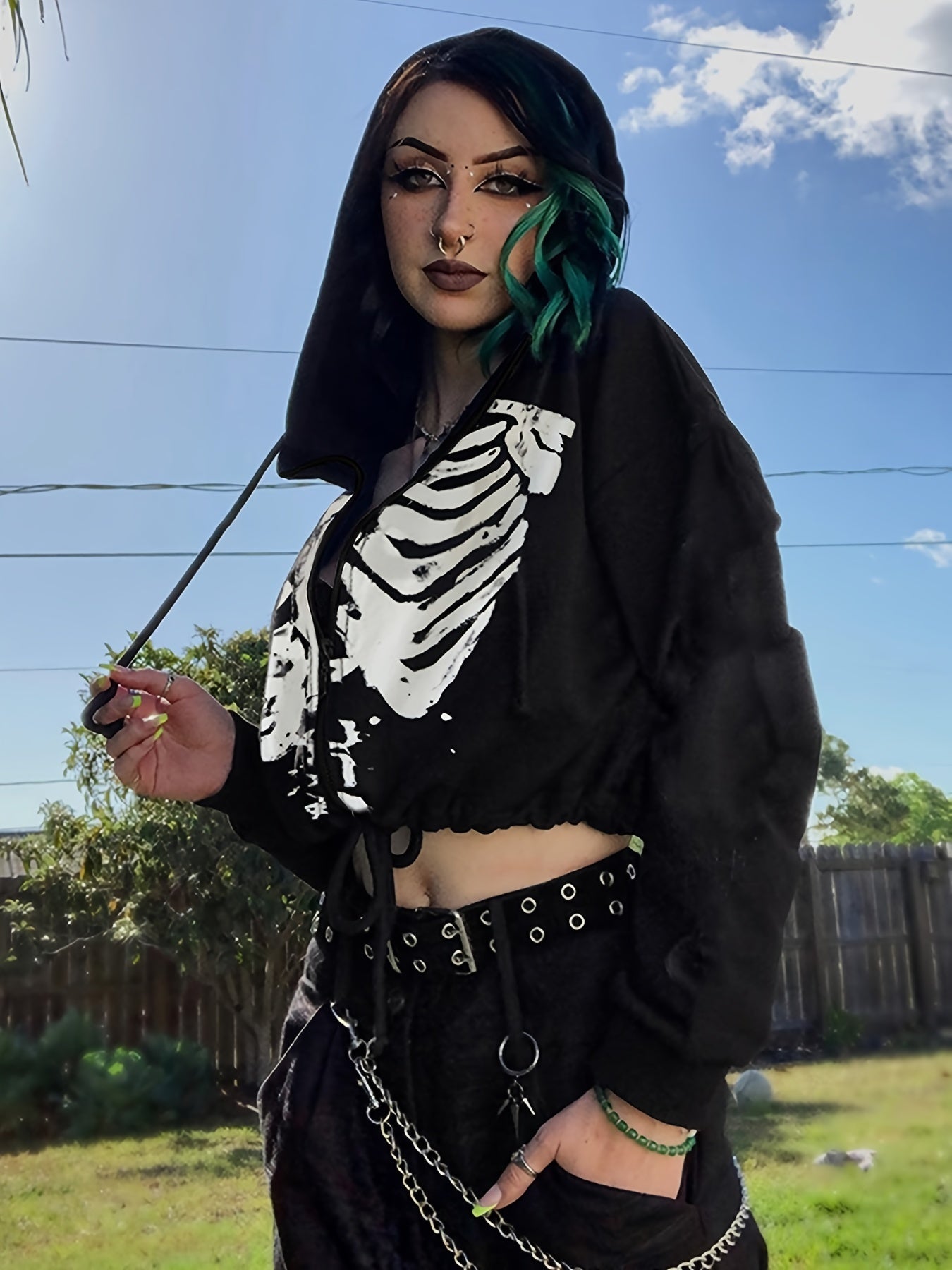 Women's Fashion Gothic Skull Print Casual Drawstring Short Hoodie Long Sleeve Top NovaCart