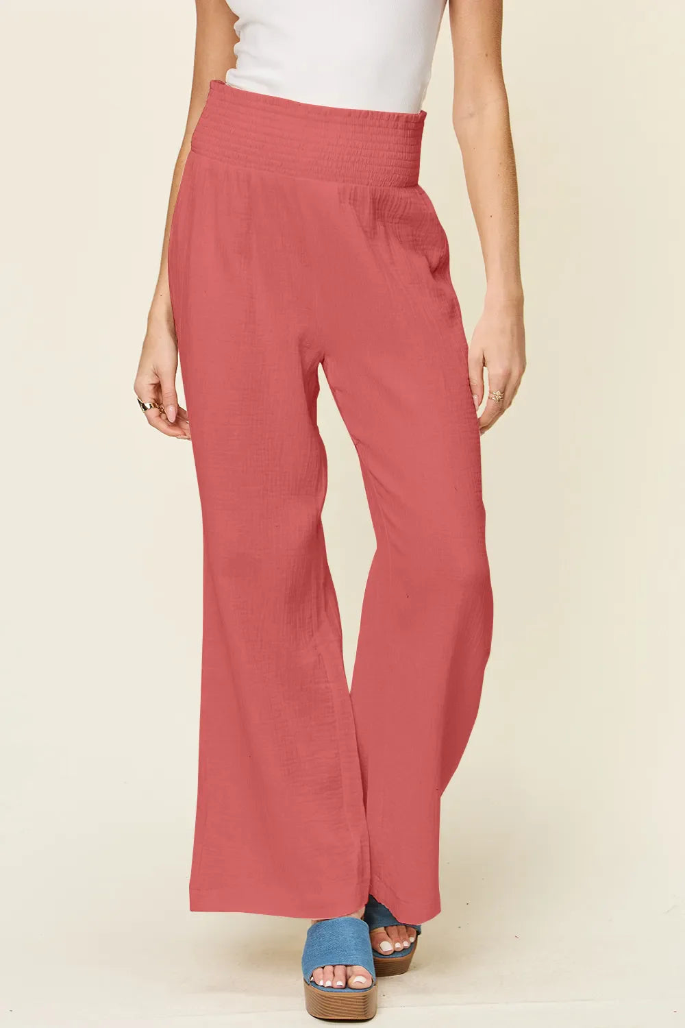 Double Take Full Size Texture Smocked Waist Wide Leg Pants New Era Fashion LLc