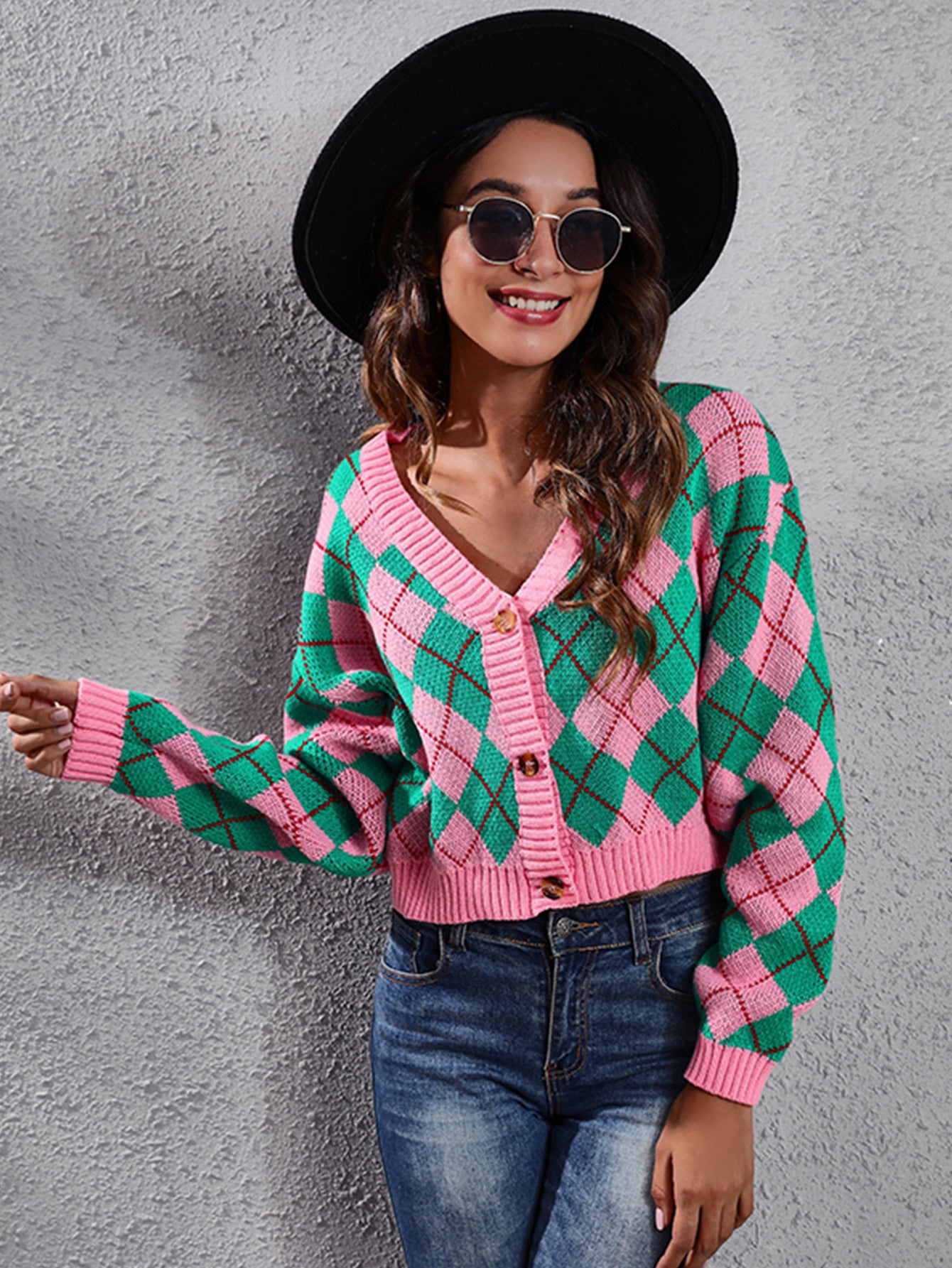 Women'S Elegant Tartan Knit Cardigan, V-Neck Short Length Sweater with Button Detail, Acrylic 100% Long Sleeve Knitwear for Fall/Winter NovaCart