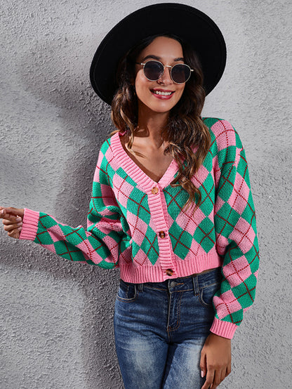 Women'S Elegant Tartan Knit Cardigan, V-Neck Short Length Sweater with Button Detail, Acrylic 100% Long Sleeve Knitwear for Fall/Winter NovaCart