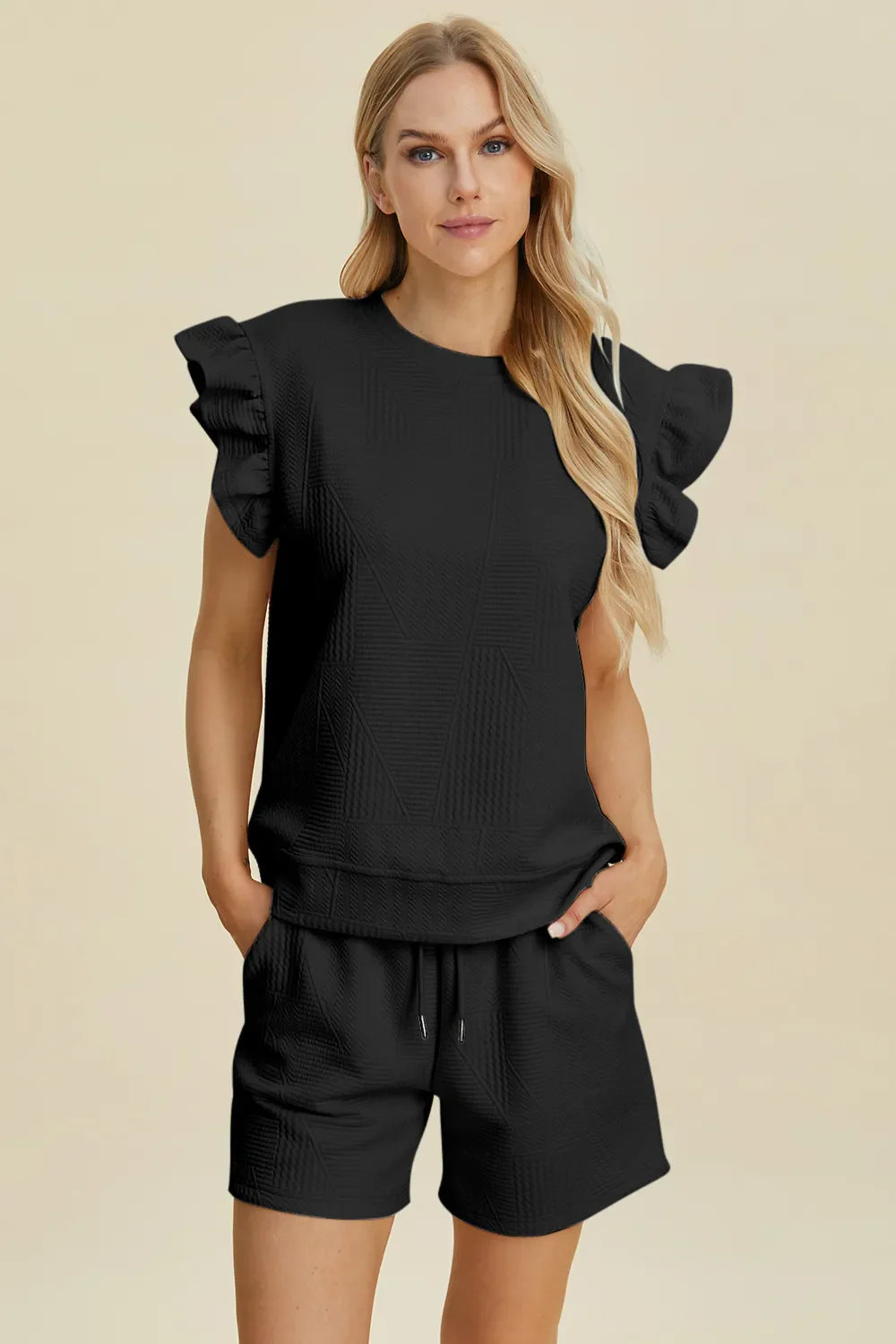 Double Take Full Size Texture Round Neck Ruffle Sleeve Top and Shorts Set West2East Surf