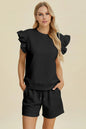 Double Take Full Size Texture Round Neck Ruffle Sleeve Top and Shorts Set West2East Surf