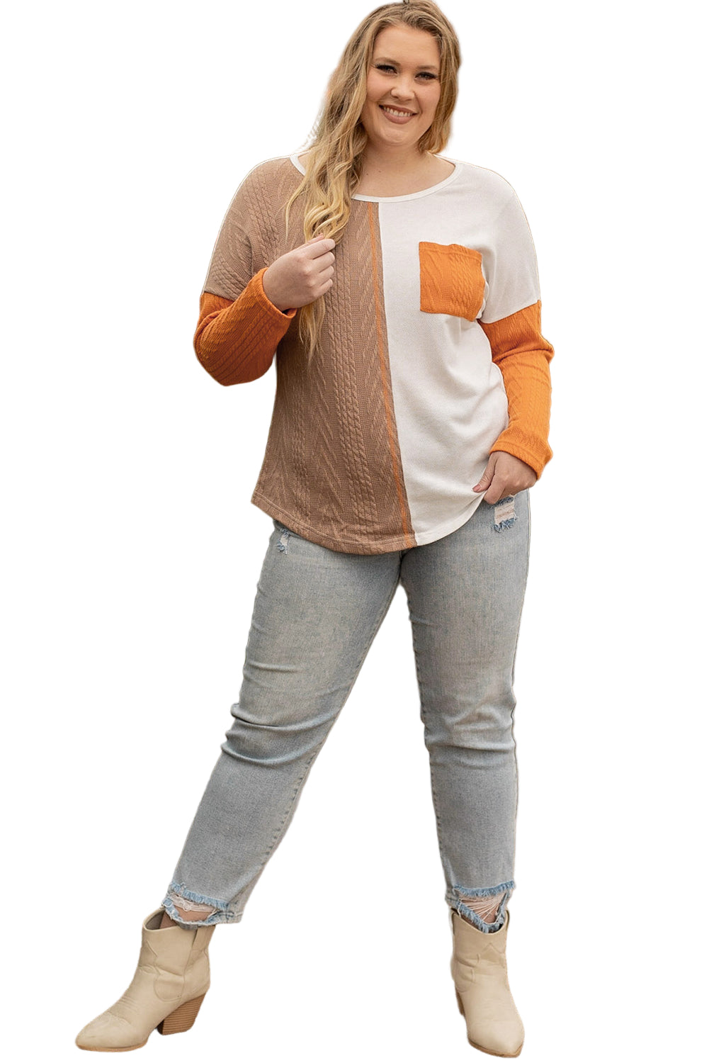 Chestnut Plus Size Pocket Textured Patchwork Top Garden Naked Curves