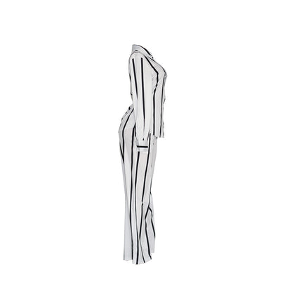 Women's Striped Print Two-piece Set - Button Front Collar Long Sleeve Shirt & High Waist Wide Leg Loose Pants Set - Casual Style - For Women - Perfect for Everyday Wear & Loungewear - Great Gift for Fashionable Women NovaCart